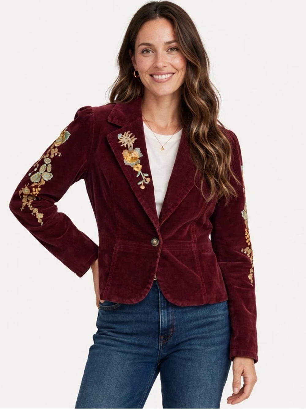 True Meaning Burgundy Velvet Floral Embroidered Blazer S Boho Cottagecore Jacket